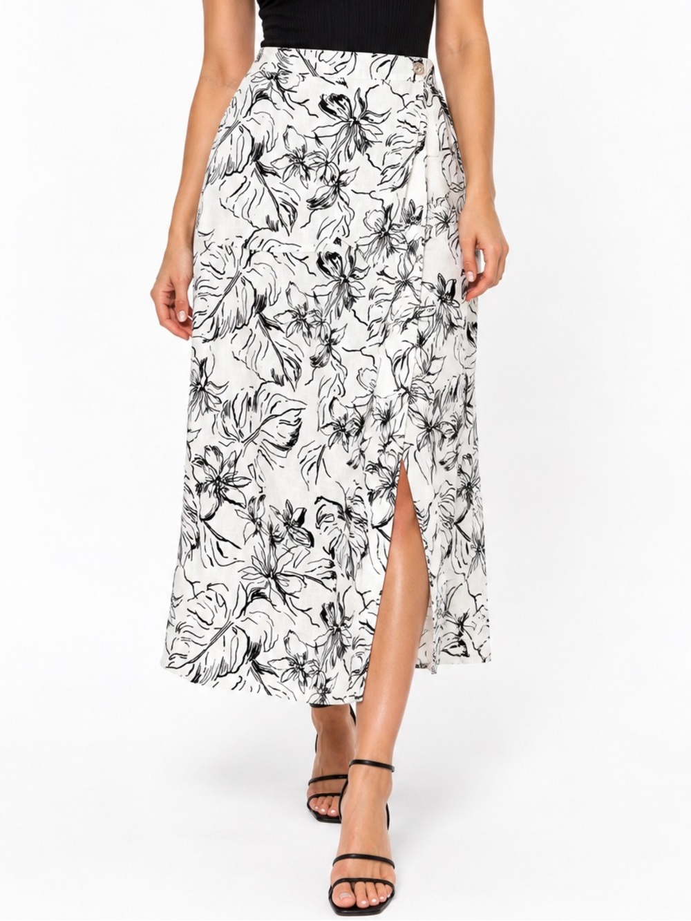 Joie White Linen Blend Wrap Midi Skirt Tropical Botantical Floral Size XL